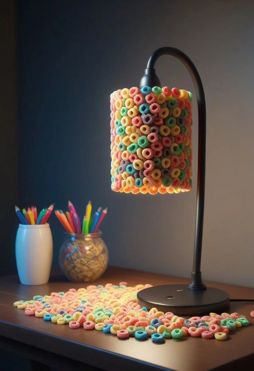 made of Fruit loops , epic picture of a desk lamp on a table, highly detailed, masterpiece, dramatic cinematic lighting, unforgettable, very intricate, high detail , photorealistic detail, ultra-realism , photorealistic, ultra detailed ,octane render, <lora:FruitLoopStyle_epoch_9:0.4>