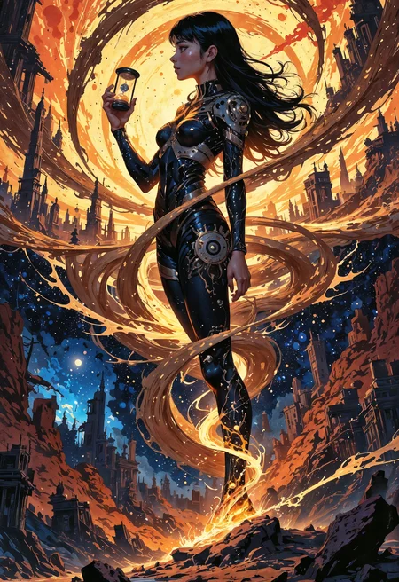(in Otomo Katsuhiro style:1.2), masterpiece, high-quality, A time traveler with swirling bands of light circling her body, each representing different eras casting shifting shadows of various ancient and futuristic architectures onto her, She holds a small rotating hourglass filled with stars as if containing entire galaxies, The background is an abstract vortex of time and space, era fusion, cosmic hourglass, temporal glow, Stylized anime with intricate time effects and cosmic motifs, (elaborate fine details:1.1), (hyperdetailed:1.1), (intricate details:1.0), (Refined details:1.1), (best quality:1.1), (high resolution:1.2), <lora:FLUX\Anime v1.3:0.6> <lora:FLUX\VividlyReal:0.6> <lora:FLUX\FLUX-daubrez-DB4RZ:0.4>