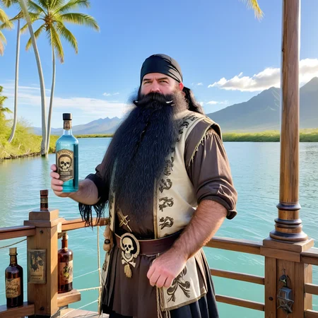 powerbeard, pirate captain, 17th century, long black wig, tall, burly, black hair, hairy arms, galleon, standing on main deck, skull and crossbones flag, jolly roger, rigging, rope coil, half full antique rum bottles, tropical inlet, aqua water, sun reflections on water, late afternoon, palm trees, distant mountains, detailed background, shadows<lora:Power_Beards:1>