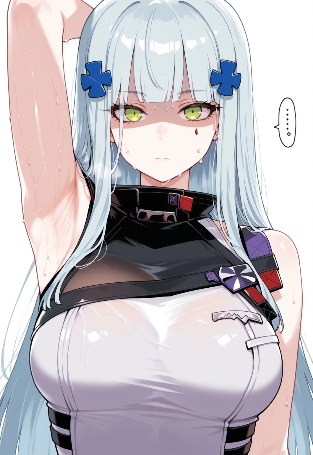 masterpiece, best quality, good quality, very aesthetic, absurdres, newest, 8K, focused subject BREAK 1girl, upper body, white background, HK416, green eyes, long hair, grey hair, blue hair, facial mark, cross hair ornament, elmodorm, sleeveless, zipper, arm raised, armpit, sweat, sweatdrop, shiny skin, looking at viewer, ..., shaded face, expressionless