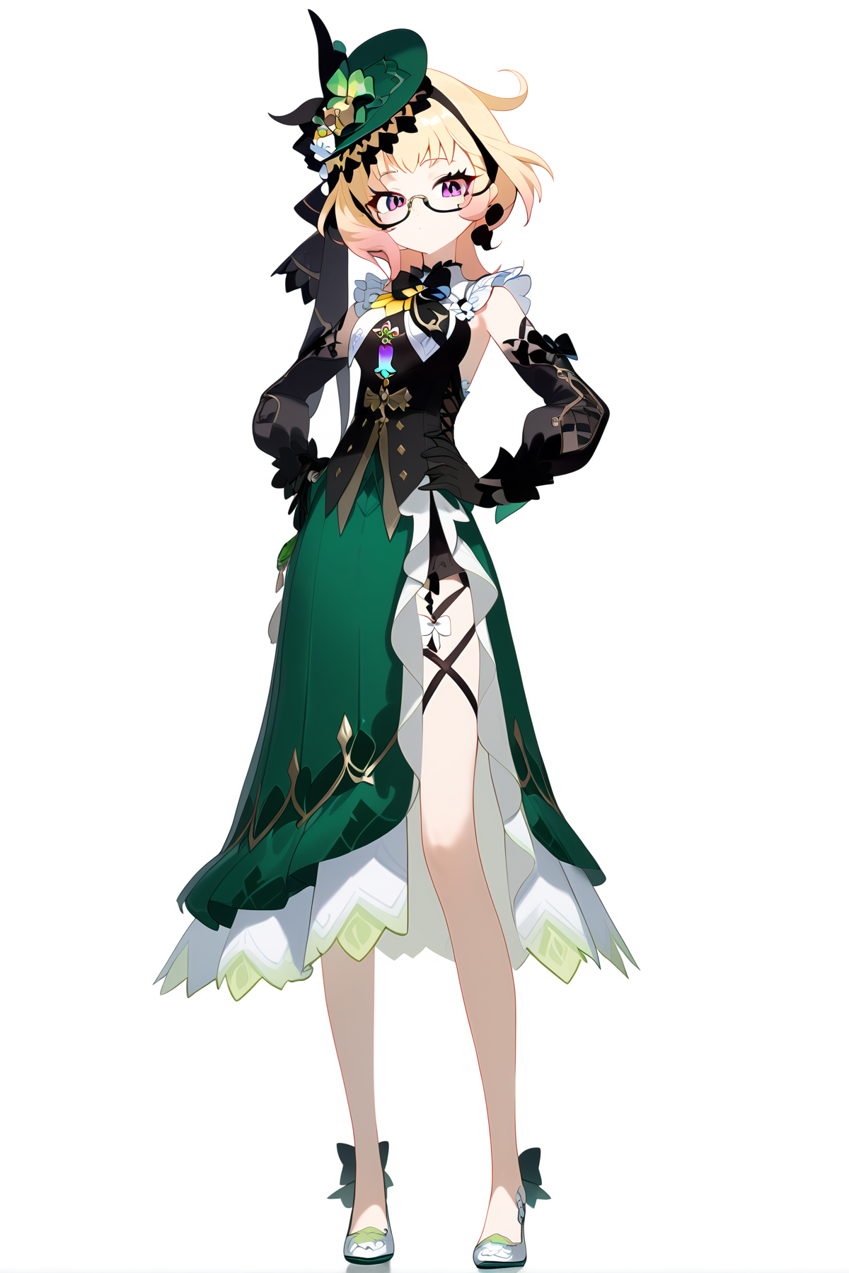 score_9, score_8_up, score_7_up, score_anime, nai3, <lora:YLI 0.1v:0.5>, <lora:style1:0.5>, adult, 
8k, best quality, masterpiece, (ultra-detailed), (white background,simple background), solo, (hands on hip:1.1), (full body:1.1), looking at viewer, 
<lora:Emilie-pony-Tanger:0.8>, Emilie, default clothes, green dress, 1girl, hat, blonde hair, black gloves, glasses, green headwear, purple eyes, multicolored hair, Split skirt side, detached sleeves, leg rope,
