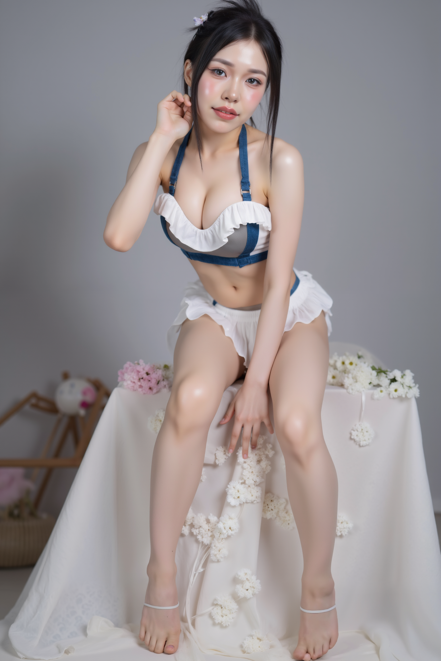 A professional, high-resolution image of a young woman is posed standing in a natural S-curve in the body silhouette. This classic posing technique creates visual interest and a sense of elegance.

She is wearing a blue and white SGWN98Clothing. Her makeup is dramatic, with dark eyeliner and bold, glossy pink lips. 

The lighting features a high-contrast, monochromatic white color scheme that creates a moody, intimate atmosphere. 

The photography technique uses what appears to be soft lighting to create a glamorous effect, with careful attention to highlighting contours while maintaining the dominant light brown color scheme throughout the frame.

The overall aesthetic combines elements of fashion photography, traditional Asian visual motifs, and contemporary boudoir styling. The dramatic light brown lighting creates a cohesive visual theme that ties all elements of the composition together.

The white light emit on her to show her feature.