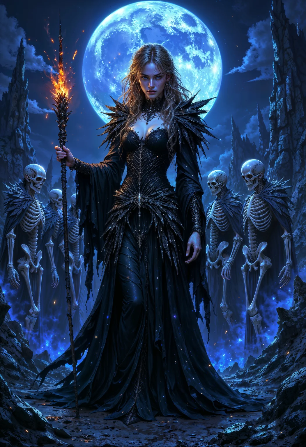 a dark, mystical scene. The central figure is a woman with pale skin and long, flowing hair, wearing an elaborate, gothic-style black dress with intricate details. She holds a staff with a glowing, fiery tip in one hand, and her expression is intense and commanding. Surrounding her are several skeletal figures, positioned in various poses, adding to the eerie atmosphere. The background is a desolate landscape with jagged, ruined structures under a full moon, casting a blue, ethereal light over the scene. The overall color palette is dominated by shades of blue and black, enhancing the mysterious and supernatural theme of the artwork.
<lora:FluxMythP0rtr4itStyle:0.6>  <lora:Midjourney_Dreamlike_Fantasy_FLUX_LoRA:0.6> <lora:Elden_Ring_-_Yoshitaka_Amano:0.33>