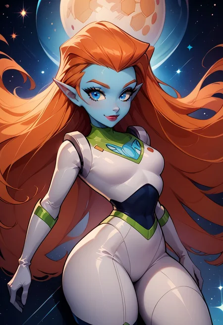 score_9, score_8_up, score_8, medium breasts, (curvy), cute, eyelashes,  rating_safe,
BREAK, 
zzMira, blue eyes, blue skin, orange hair, pointy ears, white spacesuit, looking at viewer, thighhighs, gloves, thighs, lips, spacesuit, makeup, thick thighs, lipstick, skin tight, white spacesuit, high quality
BREAK, 
dynamic angle, stars, colorful, from side, on back, spaceship, technological, looking at viewer, smile, 
zPDXL,