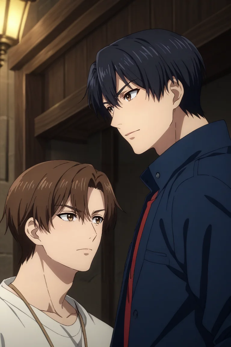 score_9, score_8_up, score_7_up,score_6_up,score_5_up,score_4_up,source_anime,BREAK, rating_safe, intricate details, , anime screencap, anime coloring, official style, depth of field,<lora:yexiu:0.93>,2 boys,male focus,split portrait, 2 shots,dual portrait,two-sided boys,(left side shot,yexiu,black hair,brown eyes) SPLIT (right side shot,lord grim,brown hair,brown eyes),upper body,from below, . . . <lora:sdxl_lightning_8step_lora_315544:1>