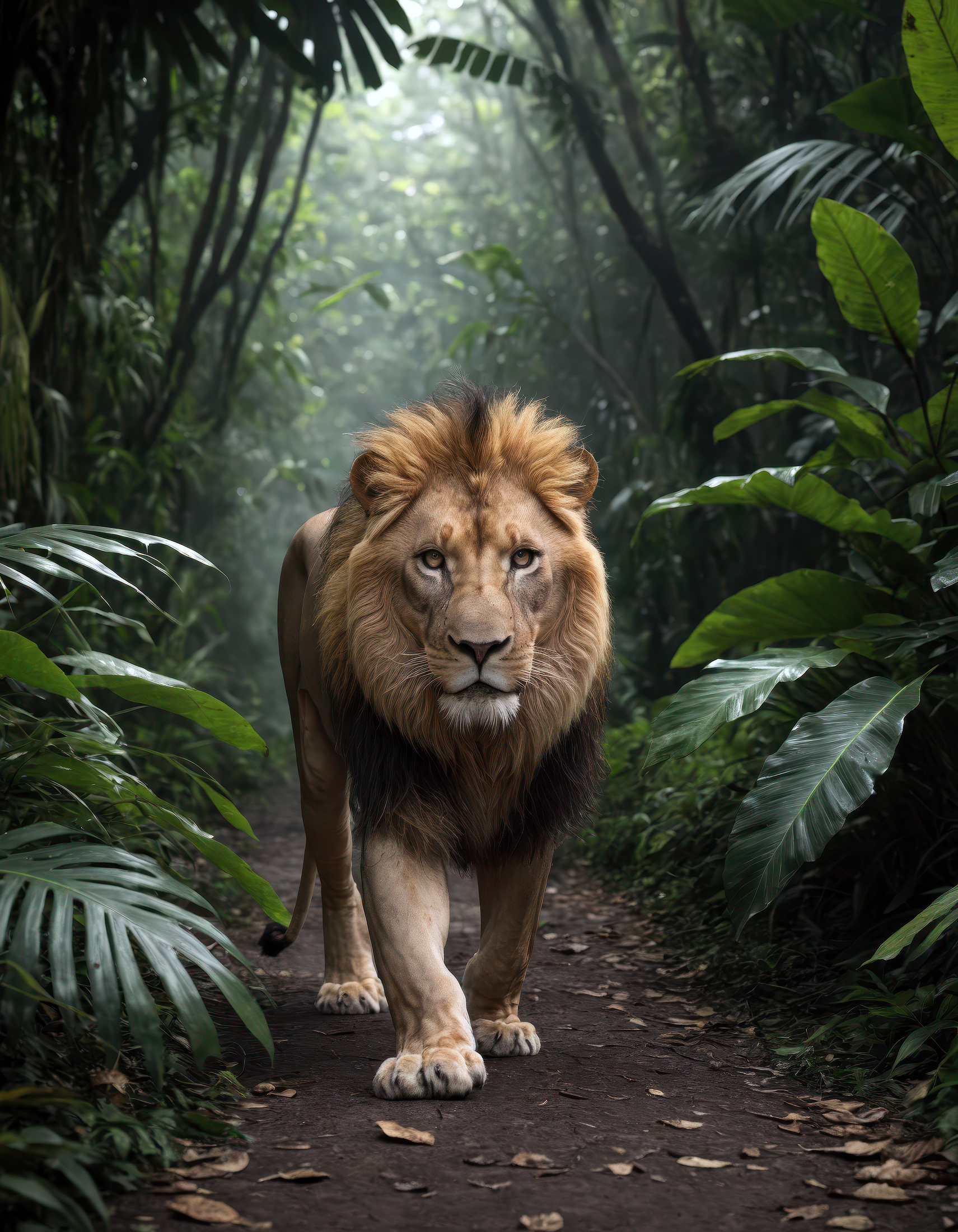 8k, realistic, high-resolution photograph of a lion walking toward the camera, behind leafs, deep jungle, greenery, south american, dark, sharp