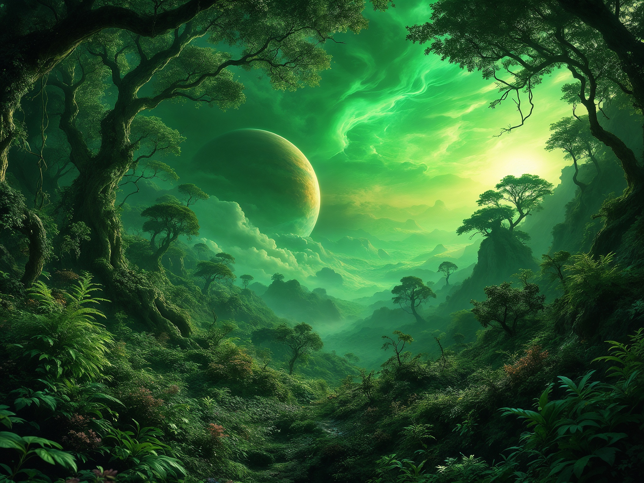 Hyper realistic photo, masterpiece, stunning, best quality,
fantasy.
Alien world with humid edgeless forest under green sky and two big planet. rising from horizon, 
Intricate, entangled, intricately detailed