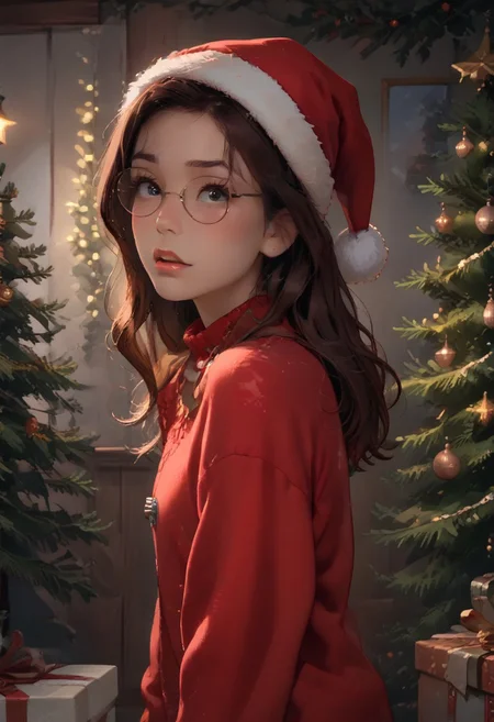 masterpiece, best quality, wallpaper, highly detailed, score_9, score_8_up, score_7_up, score_6_up, source_anime, (score_9, score_8_up, score_7_up), (vivid colours), g0thicPXL,
BREAK
1girl, solo,blush, 
dariaTV,
brown hair, long hair, round-rimmed eyewear, lips, dot eyes
, glowing light,excited, cow pose, 
,young, perfect body, fair skin,((Santa Claus hat)),sweater overside,Christmas sweater costume,swater with white, , decoration,sweaty,
motion line,Christmas tree,gifts,Christmas,Christmas party, warm light,from behind
Standing, view legs, side view, cowboy shot,