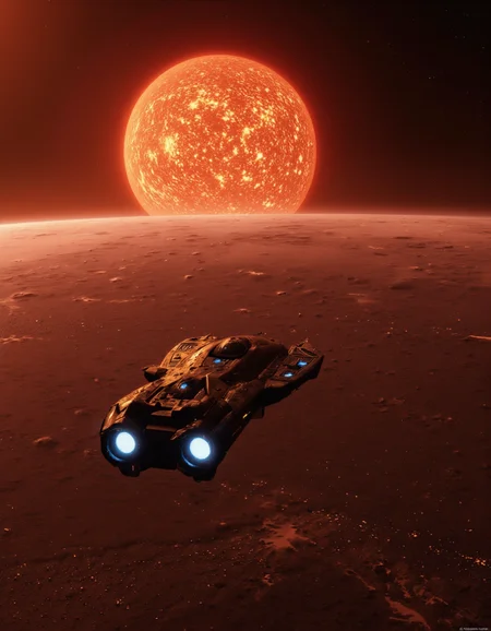 By Paul Chadeisson. A photo-realistic shoot from a far camera angle about a futuristic spaceship flying over a distant planet during a massive, intense sunset. the image also shows a stunning view of the planet from space, with a large, glowing, orange-red sun in the background and a distant, starry sky. in the foreground, a spaceship with blue lights appears to be in the middle of the image, with its sleek, futuristic design and intricate details visible. the spaceship is positioned in the center of the frame, with the planet stretching out in front of it. the planet is filled with a vast expanse of dark, reddish-orange hues, with no visible clouds or other celestial bodies. the sky is also filled with stars, creating a dramatic contrast with the bright orange and red hues of the sun. the overall scene is one of awe and wonder at the vastness of space.