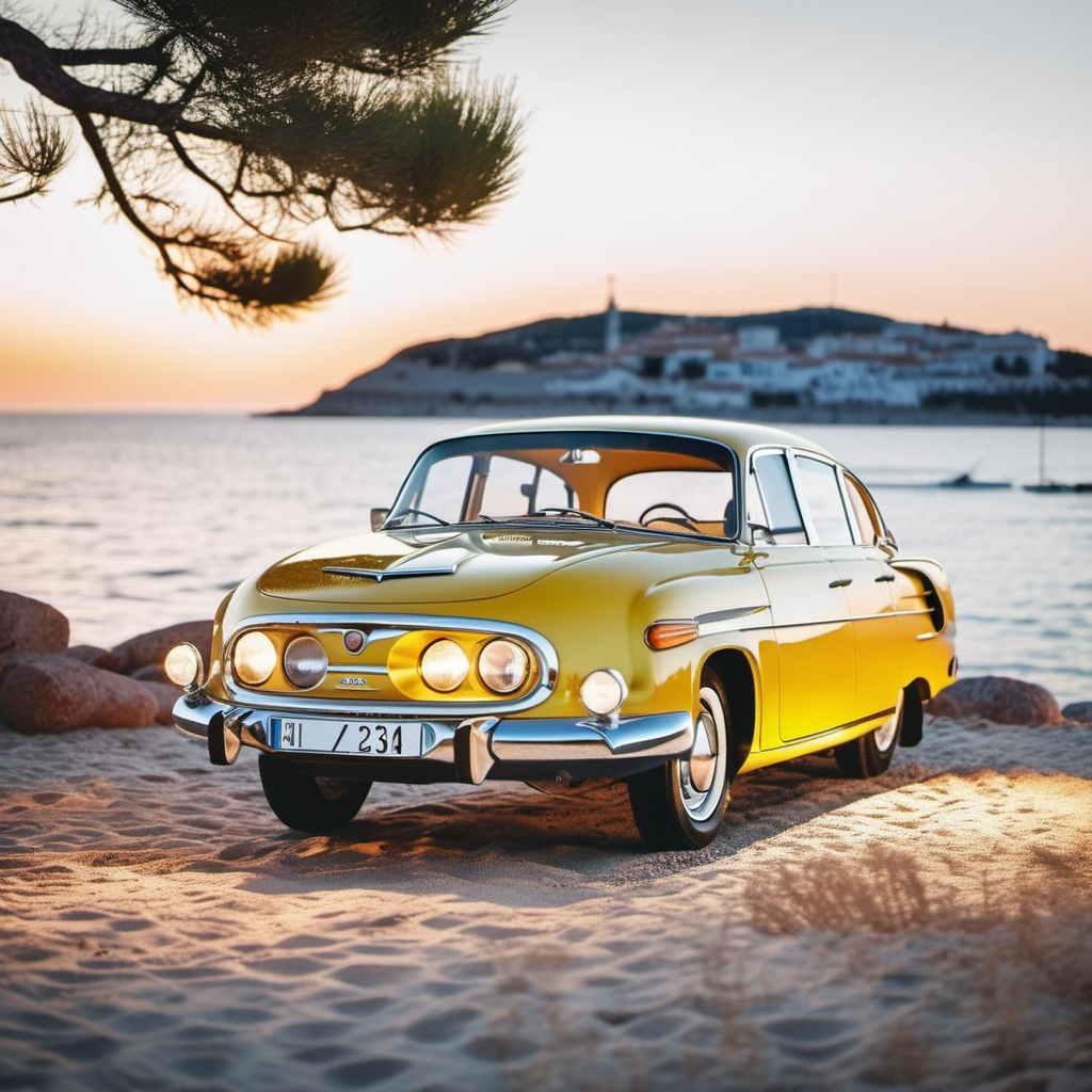 cinematic photo photo car yellow platinum tatra603, front view,  seaside south france, golden hour, ((masterpiece)) evening  <lora:Tatra603-SDXL:1> . 35mm photograph, film, bokeh, professional, 4k, highly detailed