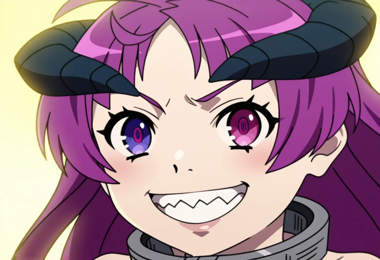 source_anime,anime screencap, anime coloring,intricate details,rating_explicit, masterpiece, best quality,
(best quality, absurd res, ultra detailed),,(4 finger:0.5),1girl, ((solo)), good eyes,perfect eyes,,detailed eyes, zPDXLxxx , zPDXL3, OverallDetail,detailed, detailed face, simple background,
BREAK
solo,front view, portrait, upper body , head only, close-up,
kk, 1girl, flat chest, purple hair, long hair, antenna hair, parted bangs, heterochromia, horns, metal collar, mt style,
looking at viewer, grin, parody, sharp teeth
, <lora:add-detail-xl:2> <lora:kishirika:1>