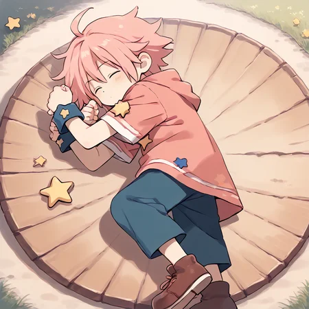 <lora:Kirby_Gijinka:1> pink hair, solo, blue eyes, 1boy, short hair, star (symbol), ahoge
<lora:meme_yamchapose_ponyXL:0.8> yamchapose, lying, on side, closed eyes