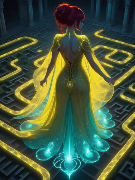 Gothic style anime screencap of a beautiful woman wearing a Banana Yellow bioluminescent dress Crawling in Infinite Maze, <lora:xl_n15g_aio_clothing-2.0:0.8>, realistic, vibrant, vivid, full body,
Dolly Shot, from above, [full body],
sadness,
Braided Updo,
Cape Poncho,
Red hair, . Dark, mysterious, haunting, dramatic, ornate, detailed
