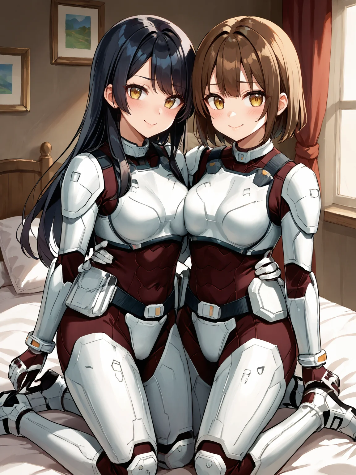 score_9, score_8_up, score_7_up, <lora:offset_0.2:0.1>, <lora:spo_sdxl_10ep_4k-data_lora_webui:1>, 2girls, source_anime, terraformarsmoviebodysuit, armored bodysuit, black bodysuit, white armor, boobplate, shoulder pads, wrist guards, black gloves, white gloves, utility belt, belt pouch, hip armor, crotch plate, thigh armor, knee pads, shin guards, armored shoes, <lora:Terraformars:1>, indoors, bedroom, bed, kneeling, hug, on bed, (smile:1.2), blush, looking at viewer, (embarrassed:1.2)
black hair, swept bangs, long hair, brown eyes, medium breasts
brown hair, choppy bangs, medium hair, yellow eyes, medium breasts