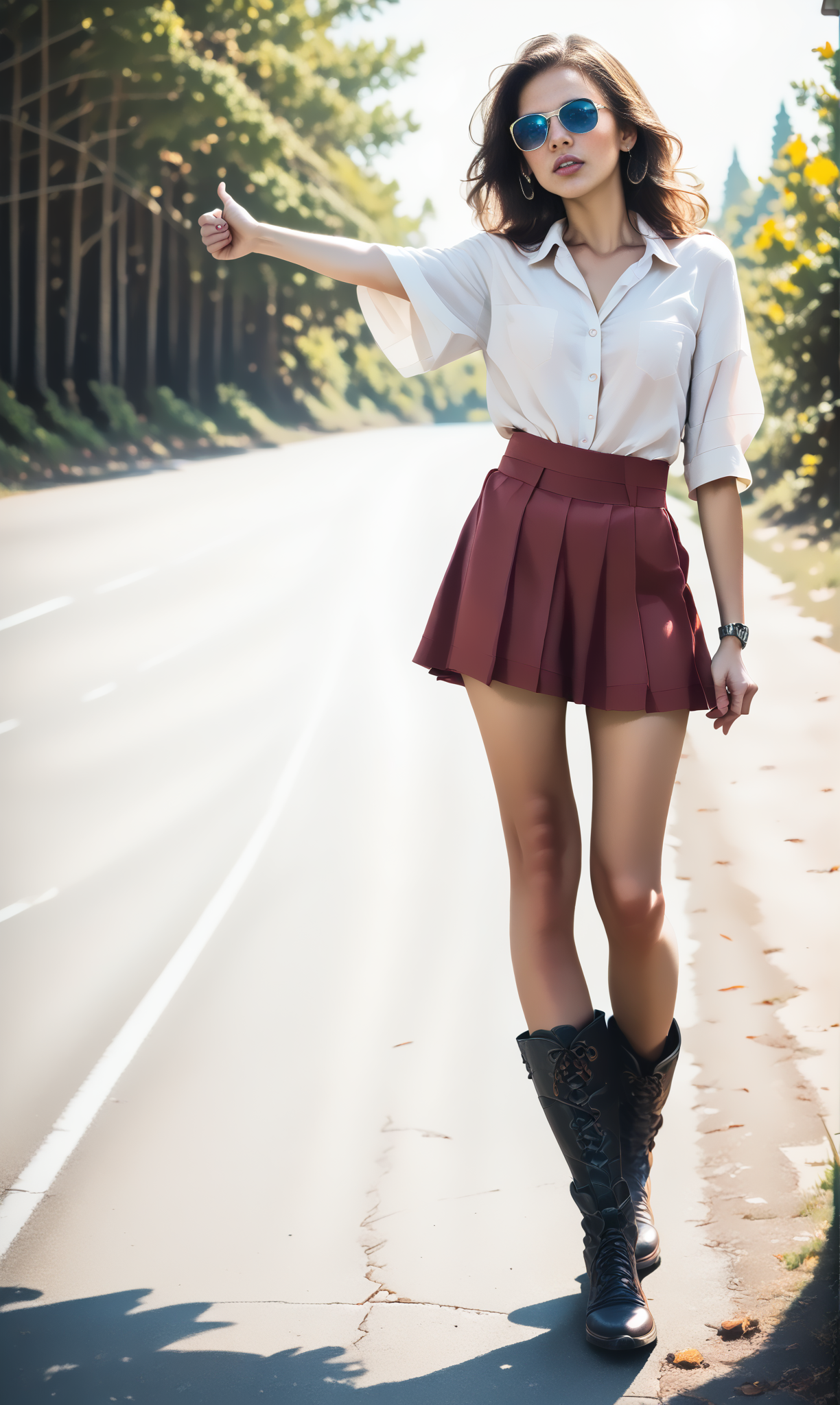 score_9, score_8_up, score_7_up, BREAK, hiHike, front view , (slim woman) standing at  road. The woman wears red short skirt and blouse, boots and has long brunette hair .
 <lora:HitchhikePony:1>