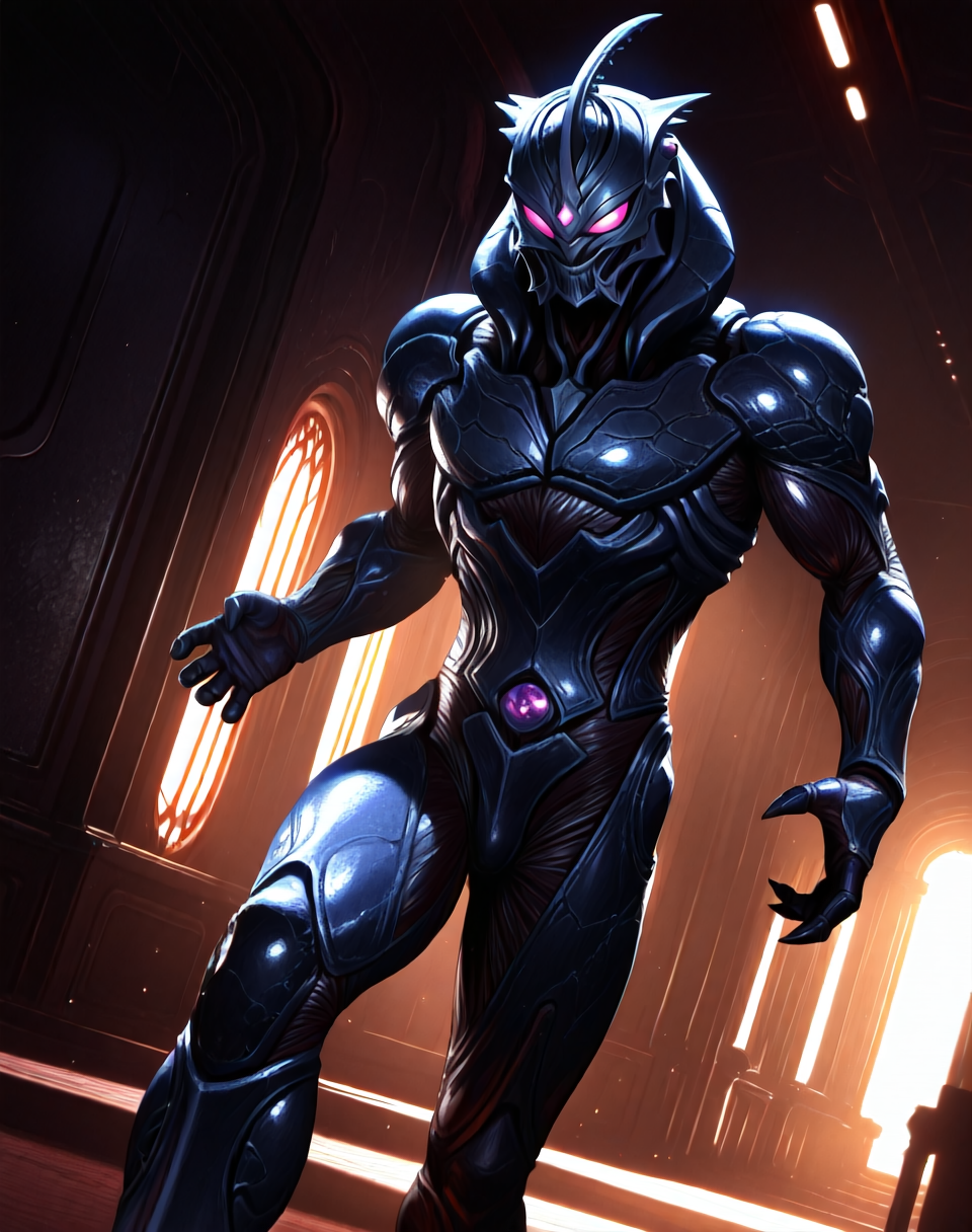 perfect depth of field shot, masterpiece, beautiful, sharp focus, crisp details,
<lora:Dark_Hero_(Guyver)_(Illustrious)_(AD):1.0> Dark_Hero, Guyver, bioboosted armor, 
exterior, science fiction, high science fiction, action anime style background, dark spaceship interior, 
dynamic action, dynamic perspective, dutch angle, bent knee, cowboy shot,
male focus, gradient style anime coloring, strong, fighting scene, solo, 
EZRealPONYXL, zPDXL, Smooth Quality, lazynsfw,