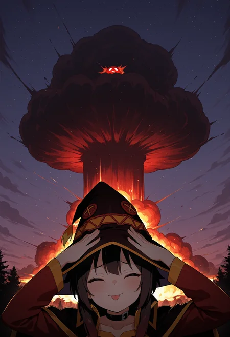 (masterpiece), best quality, amazing quality, aesthetic,
pov, dynamic framing,
megumin, solo, handsome, mature, skinny, ahetoblehmeme, closed eyes, tongue out, smile,
ponytail, blue gradient hair, witch hat, looking at viewer, BREAK
hands on own head, oops, (mushroom cloud, nuclear explosion:1.1), BREAK
fantasy, volumetric lighting, dark, sky, red ominous glow, soft shadows, outdoors, (enemies being blown sky high!:1.2),
<lora:DarkerThanBlackIllustrious:0.8>, <lora:AhEtoBlehMeme_illusXLNoobAI_Incrs_v1:1>,