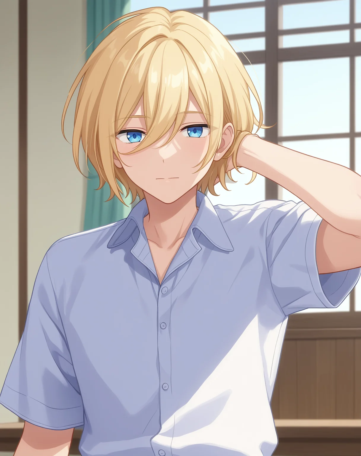 score_9, score_8_up, score_7_up, source_anime, anime screencap, depth of field, rating_safe, BREAK,
1boy, solo, yaoi, male focus, looking at viewer, cowboy shot, facing viewer, expressionless,
<lora:tenshouin_eichi_pony:1> tenshouin_eichi_pony, blonde hair, blue eyes, medium hair, hair between eyes, bangs,
white shirt, collared shirt,
indoors,