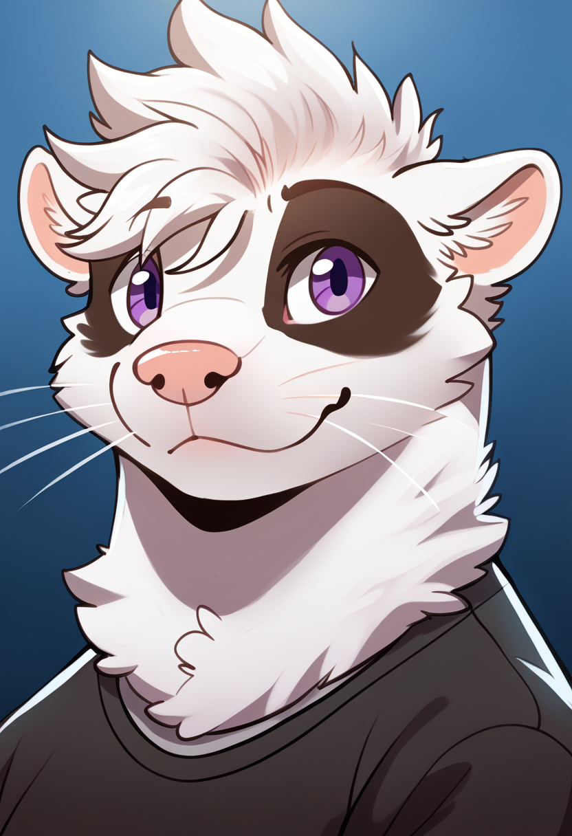 high quality, hires, by braeburned, furry, anthro, 1boy, solo, male, ferret, white fur, purple eyes, <lora:Braeburned_style:1>