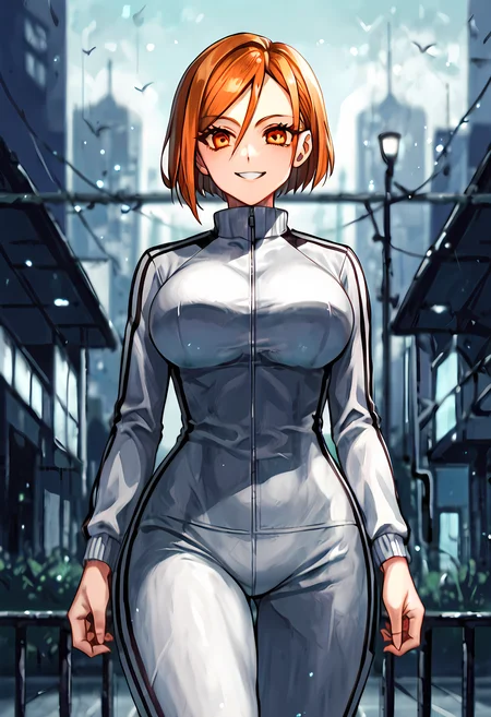 ASCII /1/ kugisaki nobara, score_9, score_8_up, score_7_up, score_6_up, source_anime, (source_western:0.1), rating_safe, BREAK,
/2/ (solo, low angle, front, portrait , close up:1.1),
/3/ (1girl;beautiful:1.3), orange eyes, long eyelashes, smile, track suit, large breasts, wide hips, thick thighs,
/4/ at night, moonlight casting down, crowded Tokyo city street,
/5/ extreme Depth of Field, delicate brushstrokes, (rainworldartstyle:1.2), <lora:Rainworld_paintings_artstyle_sdxl:0.8>
