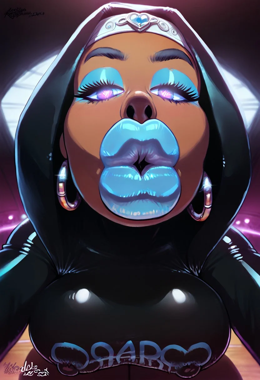 score_9, score_8_up, score_7_up, score_6_up, score_5_up, score_4_up, solo, albatross style, farah karim, arab female, bimbo, dark skin, darker skin, long nails,latex Hijab , heart shaped pupils, glowing eyes, gaigantic breasts, earrings, tight tube dress, fake breasts, firm breasts, makeup, eyeshadow, dark eyeshadow, dark lipstick, blue lipstick, blue eyeshadow, areola peek, looking at viewer, kissing viewer, kissing pov, extreme kissing, arrogant futanari, futanari bangles, jewelry, puffy lips, detailed, (big lips:1.3),  highly, detailed, Stockholm, 
BREAK
score_9, score_8_up, score_7_up, score_6_up, source_cartoon, rating_explicit , zPDXLxxx