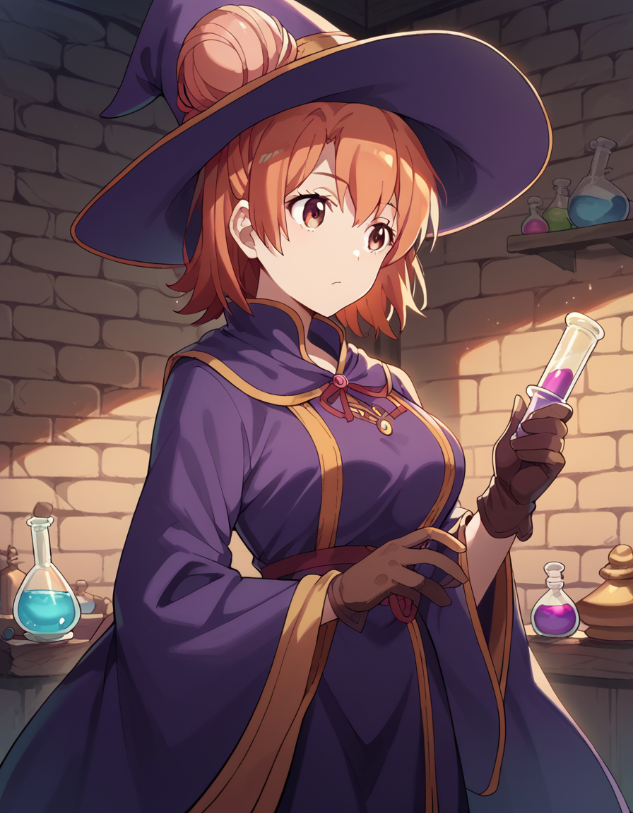 score_9, score_8_up, score_7_up, source_anime, <lora:yui-yuigahama-s2s3-ponyxl-lora-nochekaiser:1>, yui yuigahama, short hair, brown eyes, orange hair, hair bun, single hair bun, large breasts,, <lora:wizard-ponyxl-lora-nochekaiser:1>, wizard, wizard hat, robe, dress, long sleeves, gloves,, indoors, bricks, potion, flask, vial,, cowboy shot,