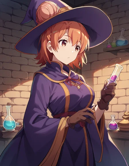 score_9, score_8_up, score_7_up, source_anime, <lora:yui-yuigahama-s2s3-ponyxl-lora-nochekaiser:1>, yui yuigahama, short hair, brown eyes, orange hair, hair bun, single hair bun, large breasts,, <lora:wizard-ponyxl-lora-nochekaiser:1>, wizard, wizard hat, robe, dress, long sleeves, gloves,, indoors, bricks, potion, flask, vial,, cowboy shot,
