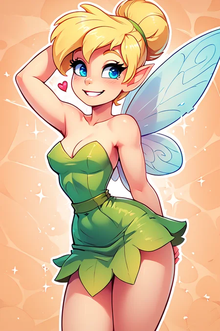 score_9, score_8_up, score_8, medium breasts, (curvy), cute, eyelashes, BREAK, , TinkerWaifu, fairy wings, blue eyes, green dress, sexy, hair bun, <lora:tinkerbellPonyXL_character:0.7>, , BREAK, smile, looking at viewer, abstract background, white outline, cowboy shot, embedding:zPDXL, Expressiveh, <lora:theOtherHalfPDXL:0.8>, <lora:CatalystStylePDXL:0.6>, <lora:SDXLFaeTastic2400:0.5>, <lora:Expressive_H-000001:0.4>,
