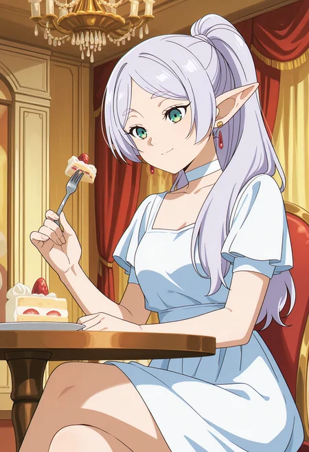 anime screencap, masterpiece, best quality,
<lora:SousouNoFrieren_Frieren_IlluXL:0.9>,
1girl, solo, closed mouth, light smile,
grey hair, long hair, green eyes, ponytail, parted bangs, earrings, pointy ears,
FrierenDance, white choker, white dress, short sleeves,
holding fork, cake,
sitting, crossed legs, table,
indoors, ballroom, chandelier, curtains