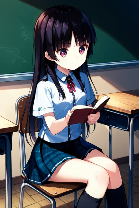 score_9, score_8_up, score_7_up, score_6_up, rating_safe, source_anime, best quality, masterpiece, detailed background, cowboy shot, classroom, classroom desk, sitting in chair, studying, <lora:habane-kotori-xl-04:1>, habane kotori, magenta eyes, small breasts, white school uniform, blue skirt, black socks, kneehighs,