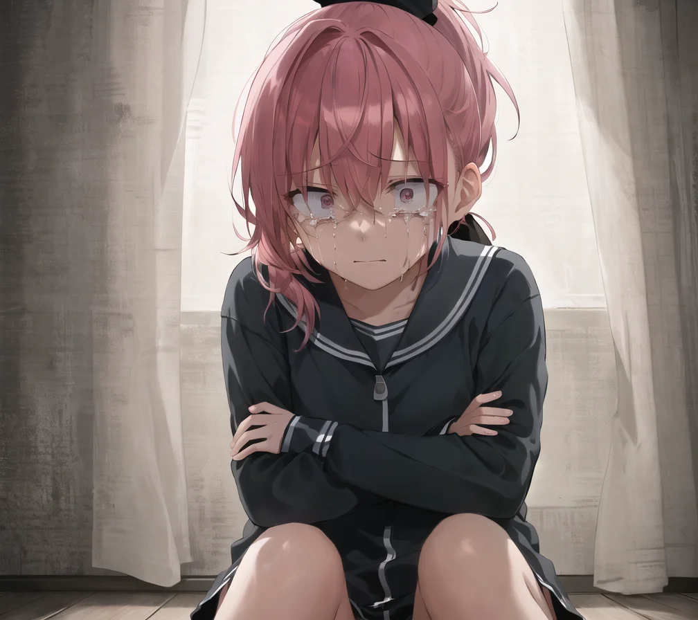 scared character sitting on the floor in dark room, knees up, hugging own legs, folded arms, crossed arms, 1girl, pink hair, (single hair intake, high ponytail:1.3), gray eyes, constricted pupils, crying tears of blood, despair, lights are off, unlit room, shadows, moody atmosphere, finely detailed background, amazing background