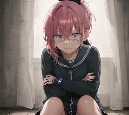 scared character sitting on the floor in dark room, knees up, hugging own legs, folded arms, crossed arms, 1girl, pink hair, (single hair intake, high ponytail:1.3), gray eyes, constricted pupils, crying tears of blood, despair, lights are off, unlit room, shadows, moody atmosphere, finely detailed background, amazing background