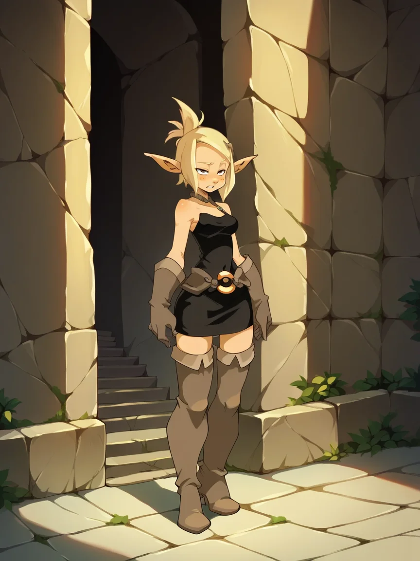 score_9, score_8_up, score_7_up, score_6_up, score_5_up, <lora:wakfuXLP:1> wakfu, 1girl, blonde hair, pointy ears, full body, black dress, thigh boots, gloves, belt