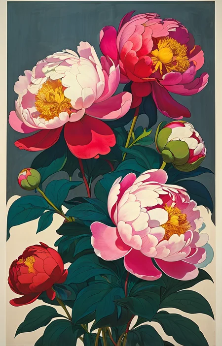 masterpiece,best quality,<lora:tbh368-sdxl:0.6>,illustration,style of Milton Glaser decaying peonies