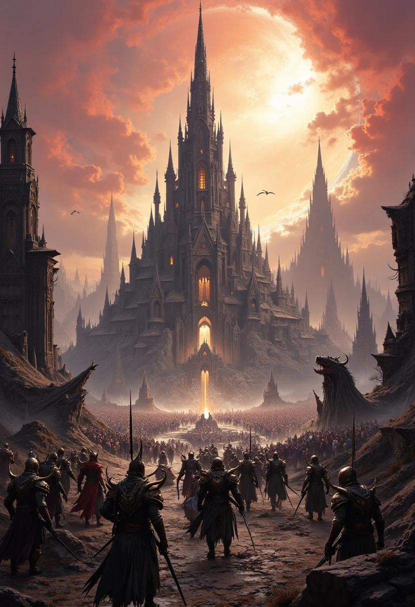 a 85mm/f1.4 canon photo of A twisted landscape of celestial hell features towering spires of obsidian and swirling acrid haze, echoing with the cries of lost souls. Infernal legions of demons march in disciplined ranks. hulking brutes with jagged horns and serpentine forms wield weapons forged from suffering. Clashing metal and anguished wails fill the air, while in the distance looms the Abyssal Throne made of bones, where a Dark Sovereign shrouded in shadows presides. The atmosphere is thick with malice and despair, bathed in a haunting crimson and gold light. celestial hell, demons, infernal legions, obsidian spire, Abyssal Throne, Dark Sovereign, fantasy art, dark fantasy, horror, all infuse this stark place