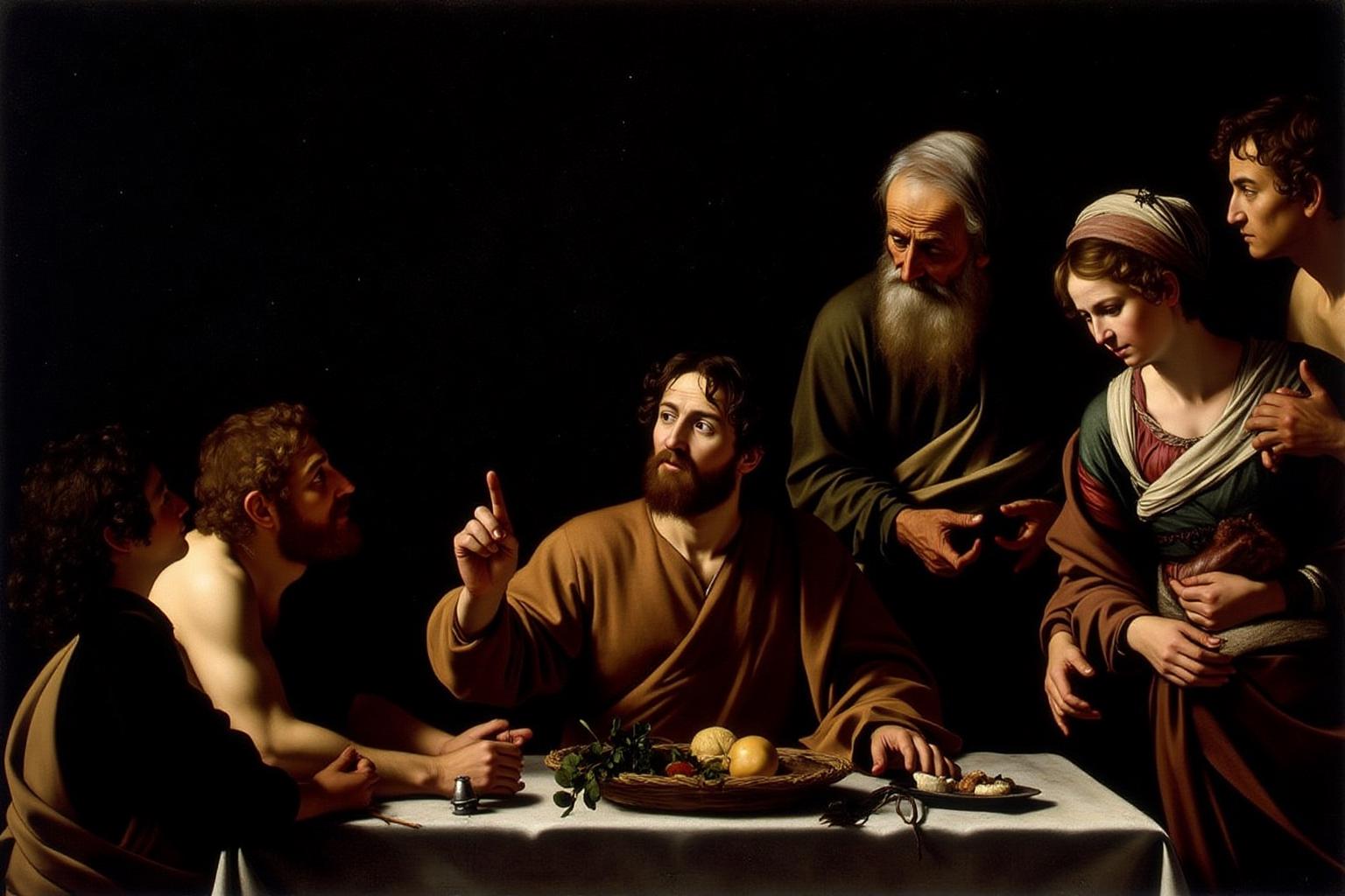 carava1 painting.
The scene shows Jesus seated at the center of a humble wooden table, Jesusis depicted with soft yet radiant light on his face, raises his hand in a subtle blessing gesture. Two men are sitting at the table looking at Jesus. A man and an elderly woman are standing beside Jesus. <lora:carava1_cap_d6a3e11:1.0><lora:828387402272925634:0>