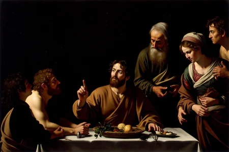 carava1 painting.
The scene shows Jesus seated at the center of a humble wooden table, Jesusis depicted with soft yet radiant light on his face, raises his hand in a subtle blessing gesture. Two men are sitting at the table looking at Jesus. A man and an elderly woman are standing beside Jesus. <lora:carava1_cap_d6a3e11:1.0><lora:828387402272925634:0>