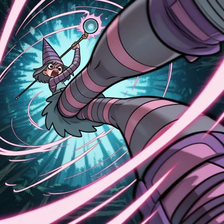 fantagoria,  Black eyes, Short dark gray hair with bangs, long pink and purple striped pointy hat, light teal sleeveless dress over pink and purple striped tight long-sleeved shirt, pink and purple striped long tights, purple sneakers.
Fantagoria using a staff and casting a spell while shouting. Magic, magical aura. I found a magical forest with neon lights.
dynamic pose, foreshortening, extreme perspective
perspective
view from below, pov