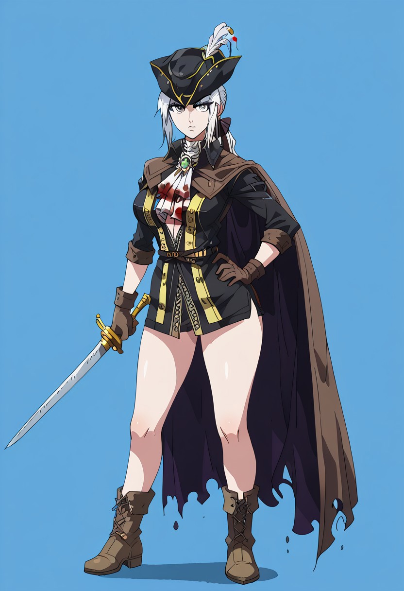 score_9, score_8_up, score_7_up, score_6_up, simple background, character sheet, looking at viewer, full body, 1girl, solo, character sheet, reference sheet, screencap ,MirandaPXL,1girl, solo, lady maria, white hair, grey eyes, tricorne, gloves, hat feather, ascot, ponytail, cape, gloomy, dim, blood, kuudere, cute, indoors, big breasts, seductive, thighs, legs, wide hips, one hand in hip, one hand with a sharper sword