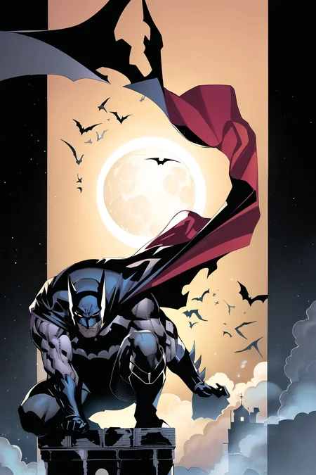 jim lee,
1boy, batman, bat \(animal\), black bodysuit, black gloves, bodysuit, boots, cape, cowl, full moon, gloves, male focus, mask, moon, muscular, night, solo
, ((masterpiece))
<lora:jim_lee_offset:1>
