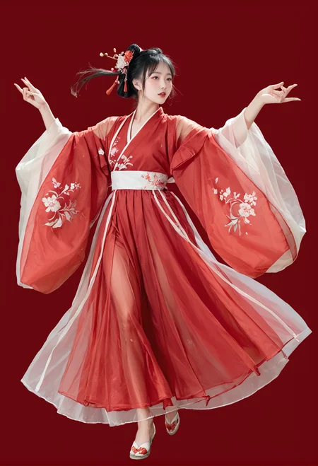 red background,full body,,ruanyi0750,hanfu,wide sleeves,red dress,see-through,dancing,<lora:0750 Large sleeve shirt Hanfu_v1_pony:0.8>, score_9,score_8_up,score_7_up,,8k,1girl,solo,