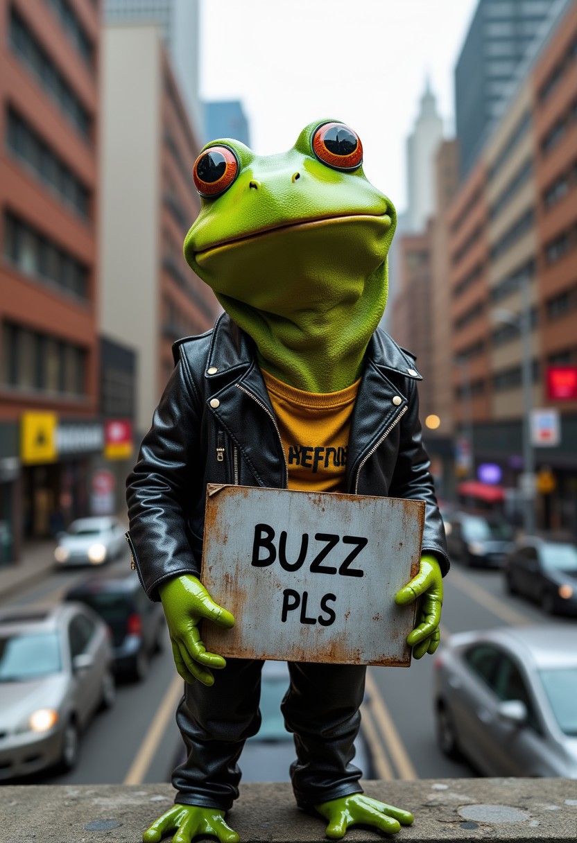 realistic photo of Frog, punk style,, leather,  innocent looking, holding a metal cardboard with "BUZZ PLS" written, standing on the bridgeof a busy city street