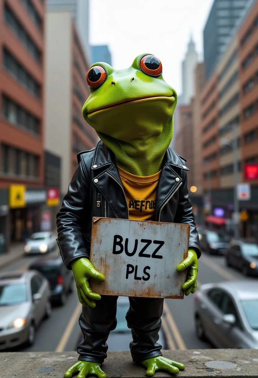 realistic photo of Frog, punk style,, leather, innocent looking, holding a metal cardboard with "BUZZ PLS" written, standing on the bridgeof a busy city street