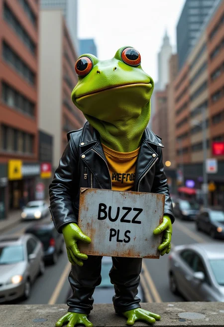 realistic photo of Frog, punk style,, leather, innocent looking, holding a metal cardboard with "BUZZ PLS" written, standing on the bridgeof a busy city street