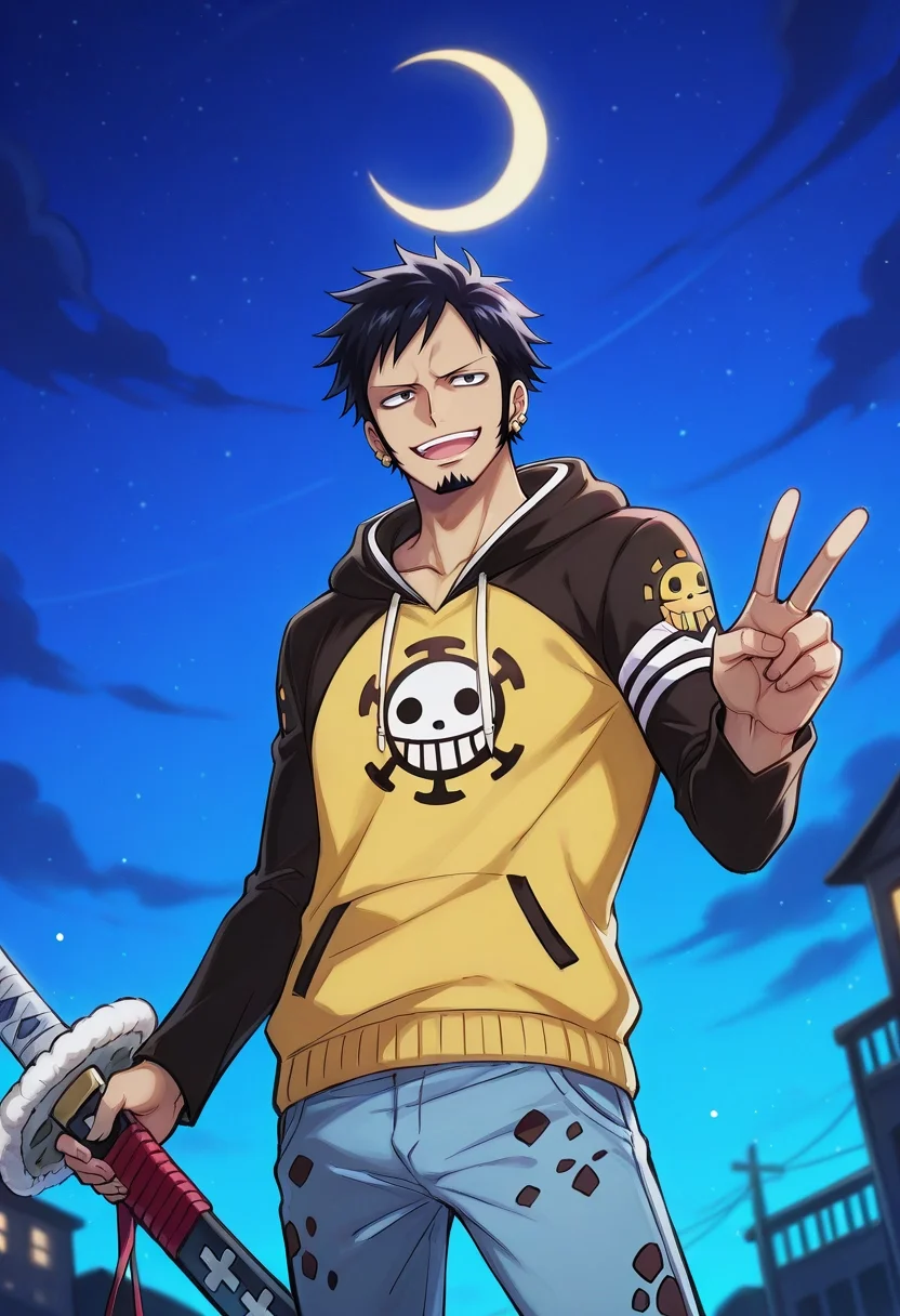 masterpiece, best quality, , , , 1boy, solo, male focus, <lora:law_trafalgar_ilxl:1>, law_trafalgar, black hair, black eyes, short hair, facial hair, sideburns, long sideburns, goatee, , , , wano country arc, weapon, sword, sheathed, holding weapon, wide angle, wide shot, cowboy shot, school, night, crescent moon, victory pose, :D,