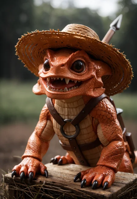 <lora:mortimer_v1:1>
mortimer_v1,
no humans, pokemon \(creature\)
black eyes, claws, fangs, scales,
black eyes, brown eyes,
colored skin, scales,
teeth, sharp teeth, claws,, score_9, score_8_up, score_7_up, score_6_up, derpibooru_p_95,
detailed eyes, beautiful, detailed background, perfect eyes,
solo,
farmer , straw hat, large ornate pitchfork, Enchanting viewpoint, spring, Sprawling meadows, Cascades
blur censor, blurry, blurry background, blurry foreground, bokeh, motion blur,
chromatic aberration, depth of field, figure, focused, focus
photography, realistic sun light and shadows, photorealism, UHD --ar 9:16 --style raw --stylize 700,