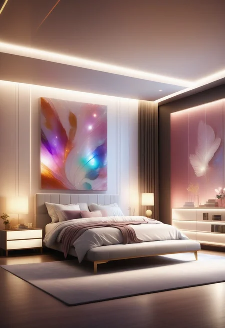 a Jed-Modern bedroom, decorated with multicolored Jed-Auquartz ,masterpiece, full of details,ambient light, photorealistic, sharp and in focus