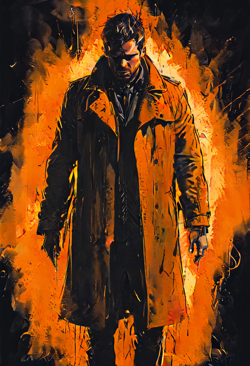 drawing of a man in a trench coat with a glowing orange body about to explode standing center of image, holding coat open, Explosion Artstyle, full body, detailed, high saturation, orange shading, saturated, <lora:Dark_Novel:1> <lora:Explosion Artstyle - Trigger is Explosion Artstyle:1>