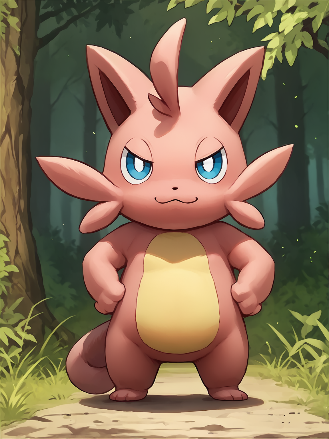 score_9, score_8_up, score_7_up, score_6_up, score_5_up, score_4_up, outside, forest, front view, full body BREAK
<lora:Cattiva_PDXL-000005:1> cattiva, pink body, yellow belly, blue eyes, looking at viewer, hands on hips, tail