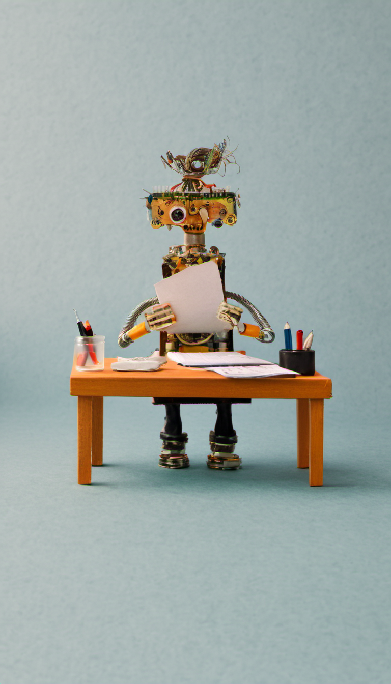 <lora:JunkBots_XL:1> a stressed-out character sitting at his desk doing his taxes